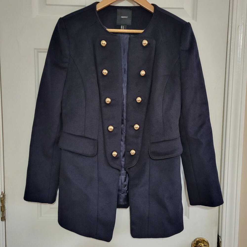 Forever 21 Navy Wool Blend Military Style Double Breasted Blazer Jacket